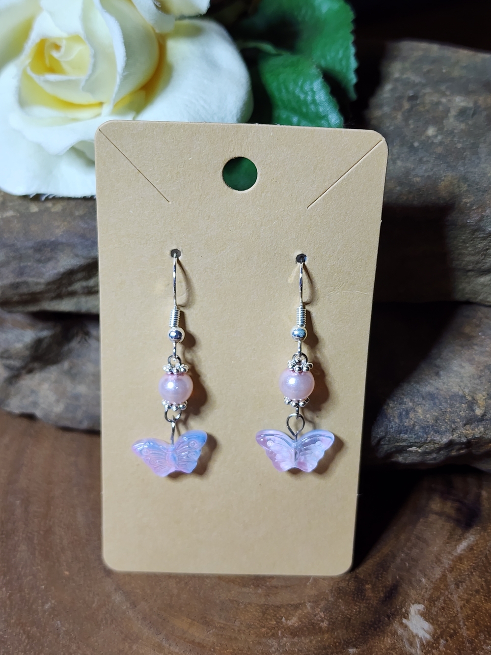 12. Drop Earrings With Faux Pink Pearls & Butterfly Beads